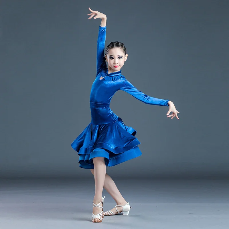 New Kids Dance Dresses Blue Velvet Tops Skirts Latin Dance Clothes Girls Latin Dance Dress Split Suit Stage Show Wear SL4286