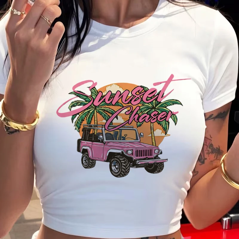 90s Sunset Chaser Sexy Crop Tops with Jeep and Coconut Tree Design Print Retro Women's Short Sleeve Cropped T Shirt Girl Clothes