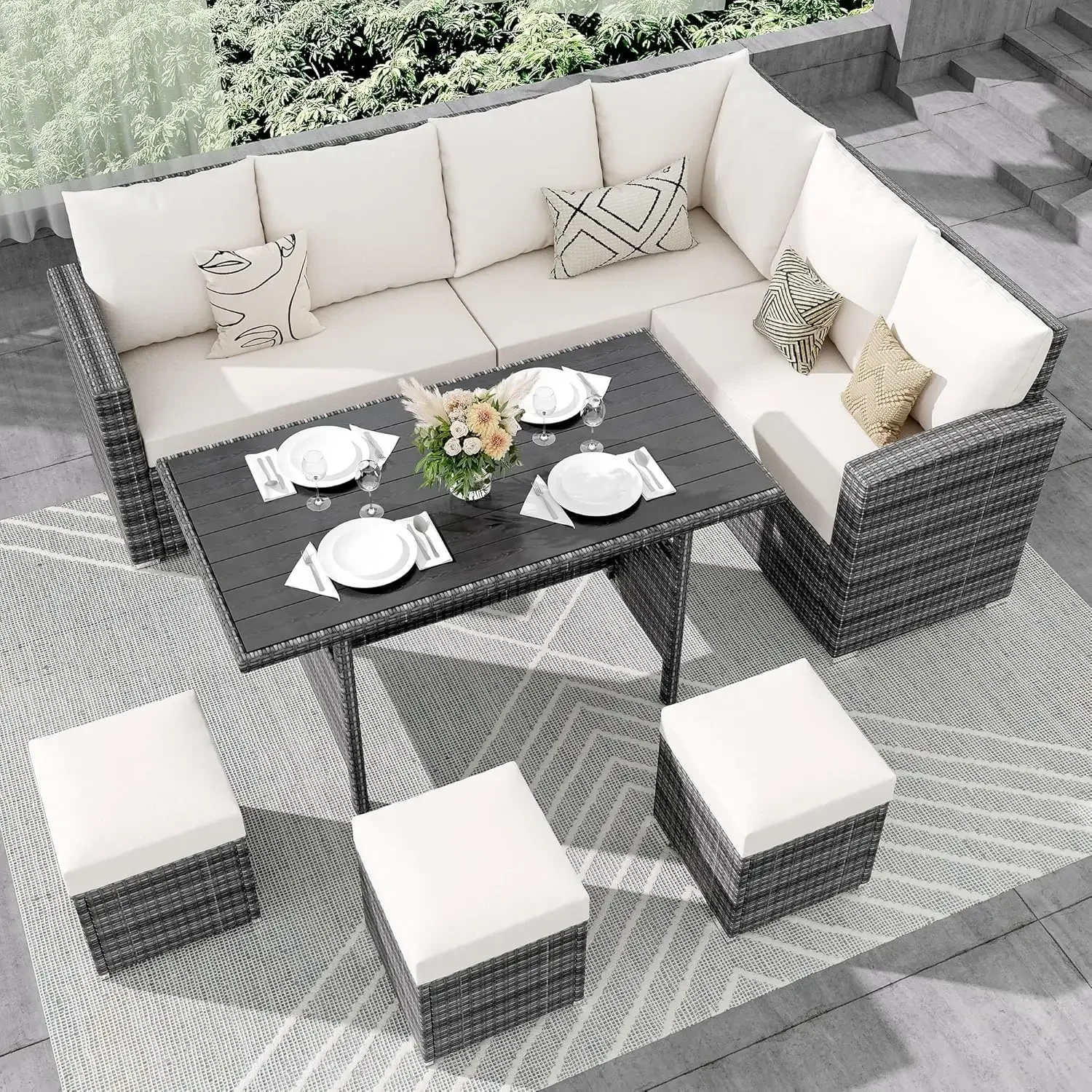 

Outdoor Dining Set,Patio Sectional Sofa Conversation Set All Weather Wicker Rattan Couch Dining Table & Chair with Ottoman