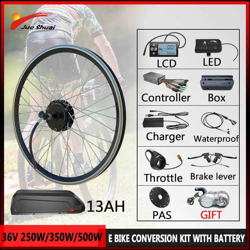 36V 250W/350W/500W E Bike Concversion Kit with 13AH Battery 35-45KM/H Speed Brushless Gear Hub Motor Wheel E Bike Kit 20