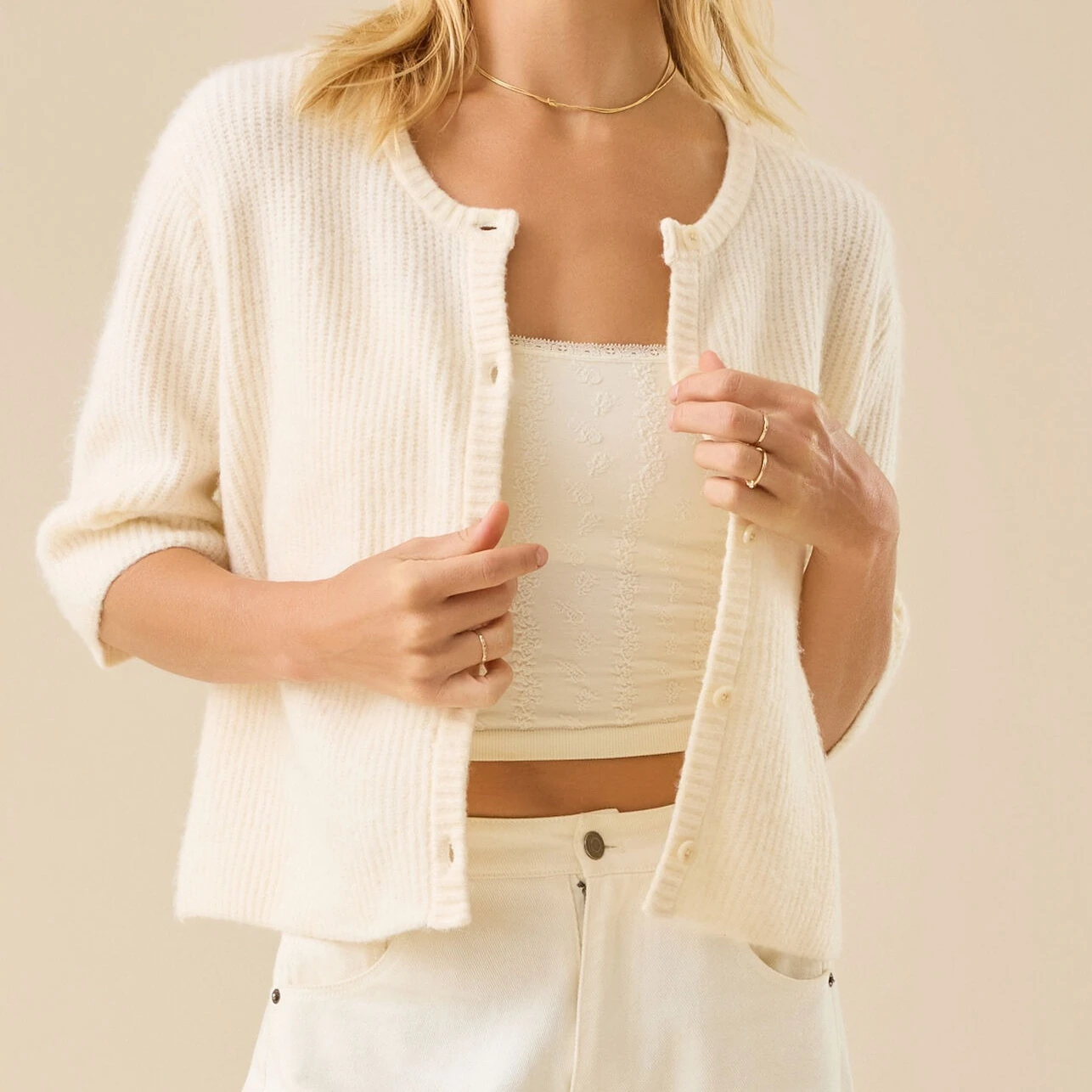 Cárdigan de punto de manga corta con botones clásicos para mujer, abrigo básico, monocromático, calidad superior