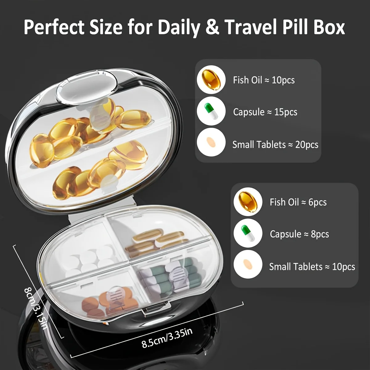 Travel Pill Organizer, 6 Compartments Portable Pill Case, Luxury Plating Design, Weekly Pill Organizer to Hold Vitamins and Fish