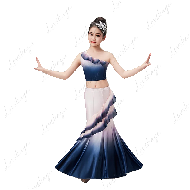 어린이 다이족 무용 의상 - 어린이 공작새 춤 A라인 몸에 꼭 맞는 피쉬테일 스커트 공연 의상