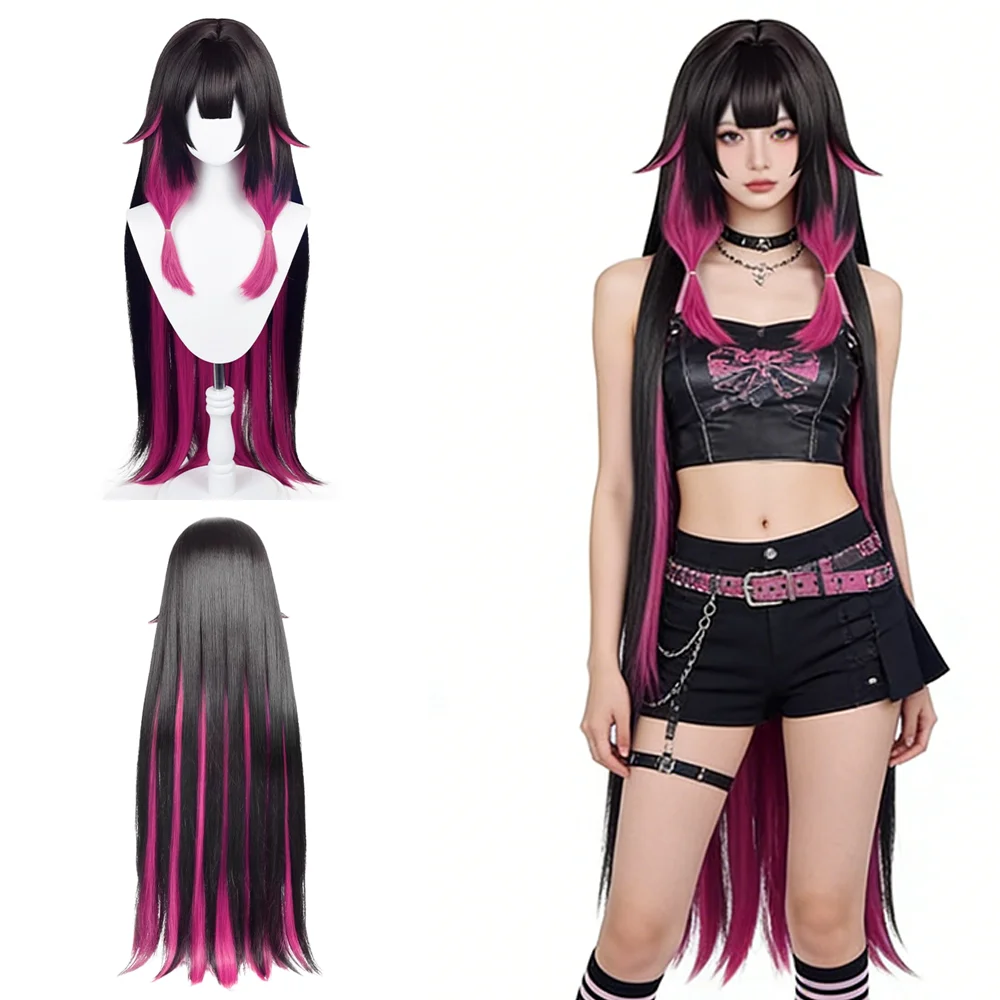

Columbina Cosplay Wig Black Pink Highlights 43" Long Straight with Bangs Synthetic Hair Halloween Costume For Anime Theme Party