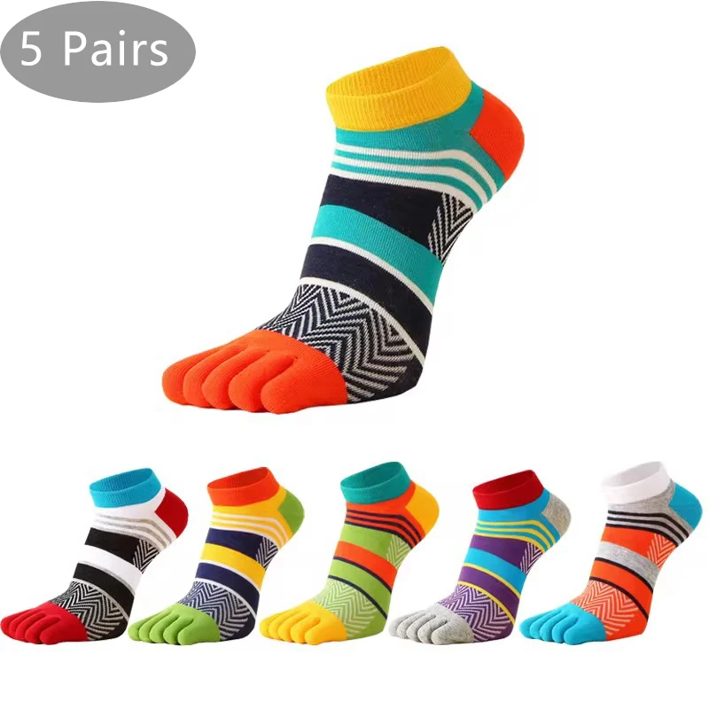 5 Pairs Bright Color Ankle Five Finger Socks Man Cotton Striped Patchwork Mesh Breathable Street Fashion No Show Socks With Toes