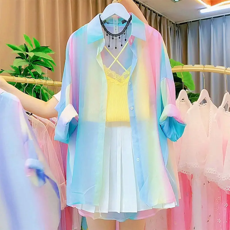 

Rainbow Women's Summer Thin Long Sleeve Shirt Fashion Outerwear Cardigan Sun Protection Casual Style Loose Fit Collar