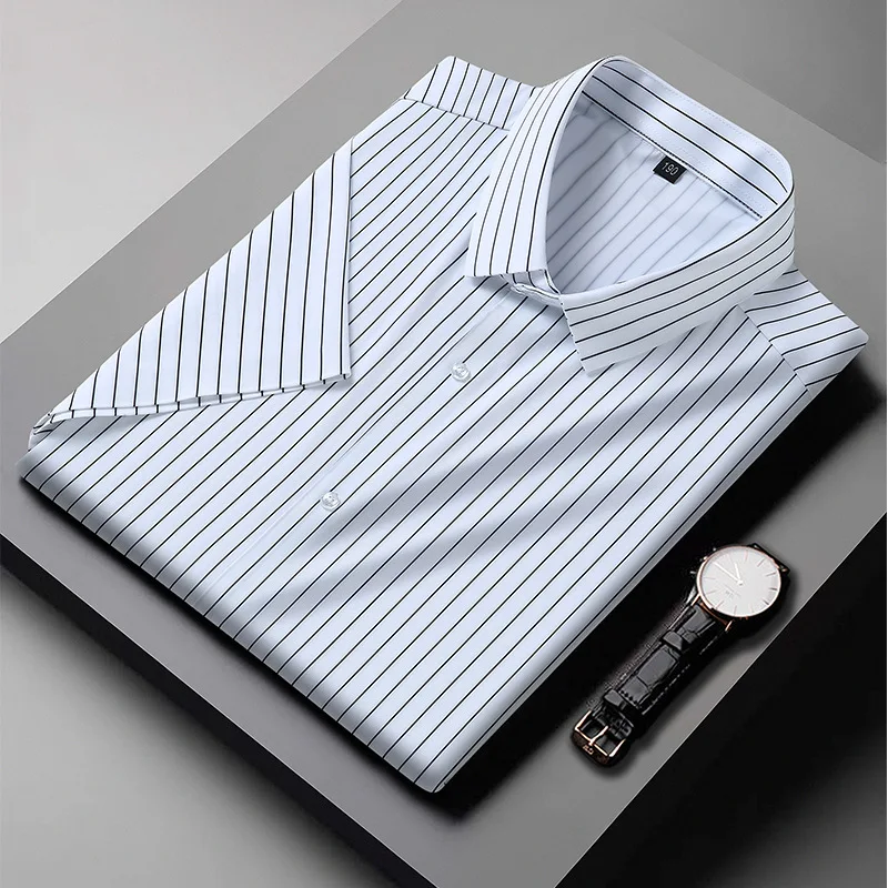 Men Striped Shirts 52 54 Short Sleeve Plus Size Big Shirt 10XL 9XL 12XL 50 Summer Formal Blue White  Shirt 160KG