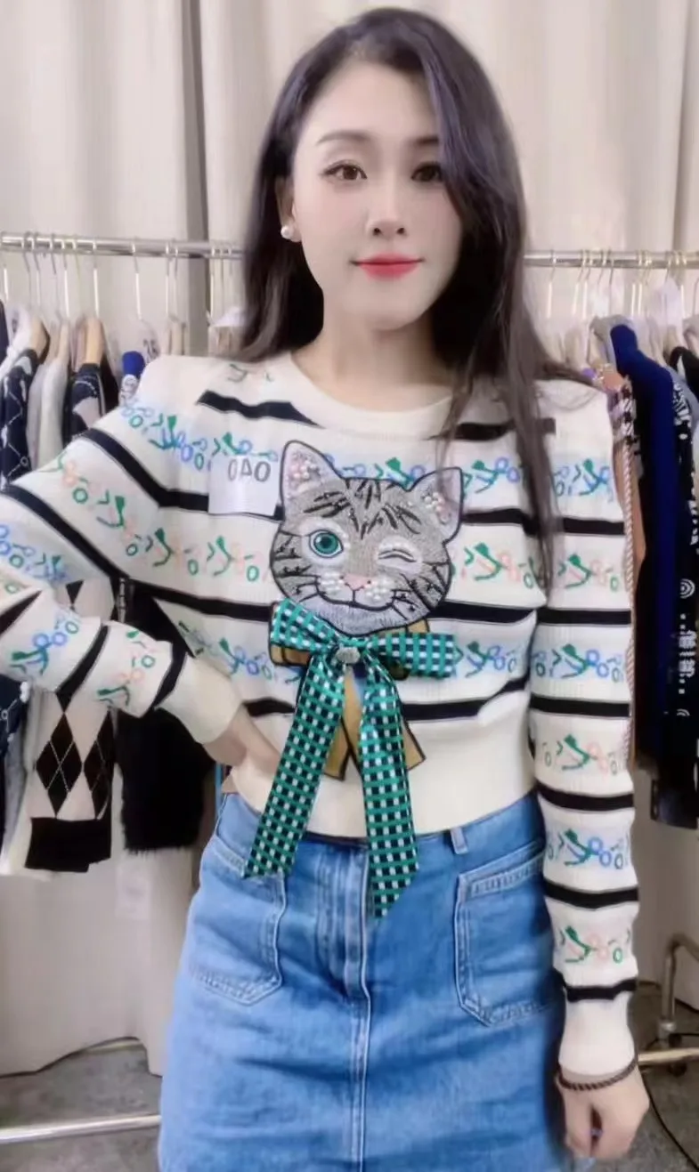 Cat Embroidered Beaded Stylish Sweater Tops Women Jacquard Striped Long Sleeve Pullovers 2024 Spring Vintage Elegant Jumpers