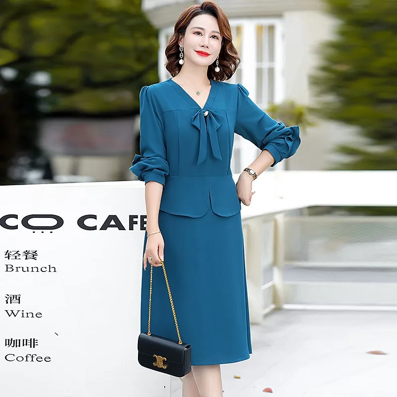 

Office Lady Solid Color Patchwork Midi Dress Elegant V-Neck All-match Spring Autumn A-Line Waist Women's Dresses Middle Age Mom