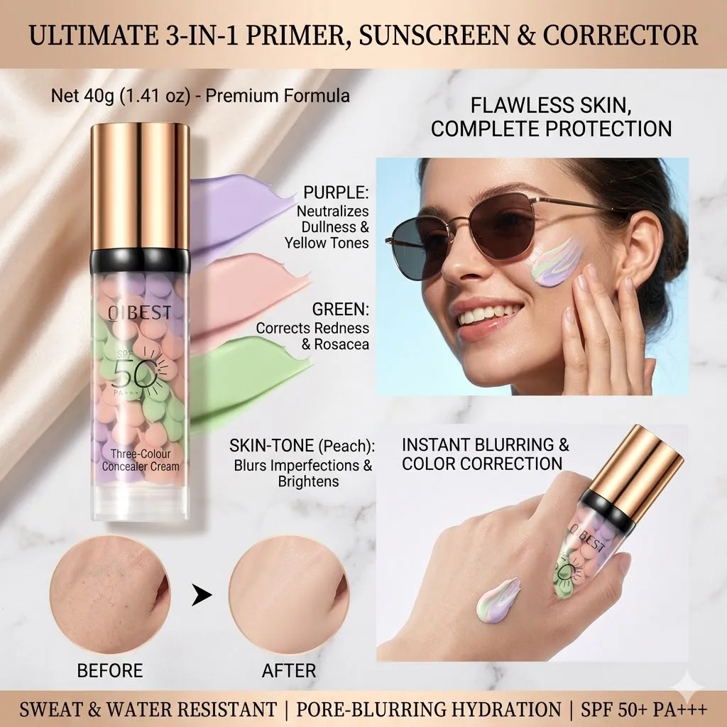 SPF50 Three Color Isolation Cream Concealer Waterproof Makeup Base Face Primer Brighten Skin Tone Sunscreen Cream 40g