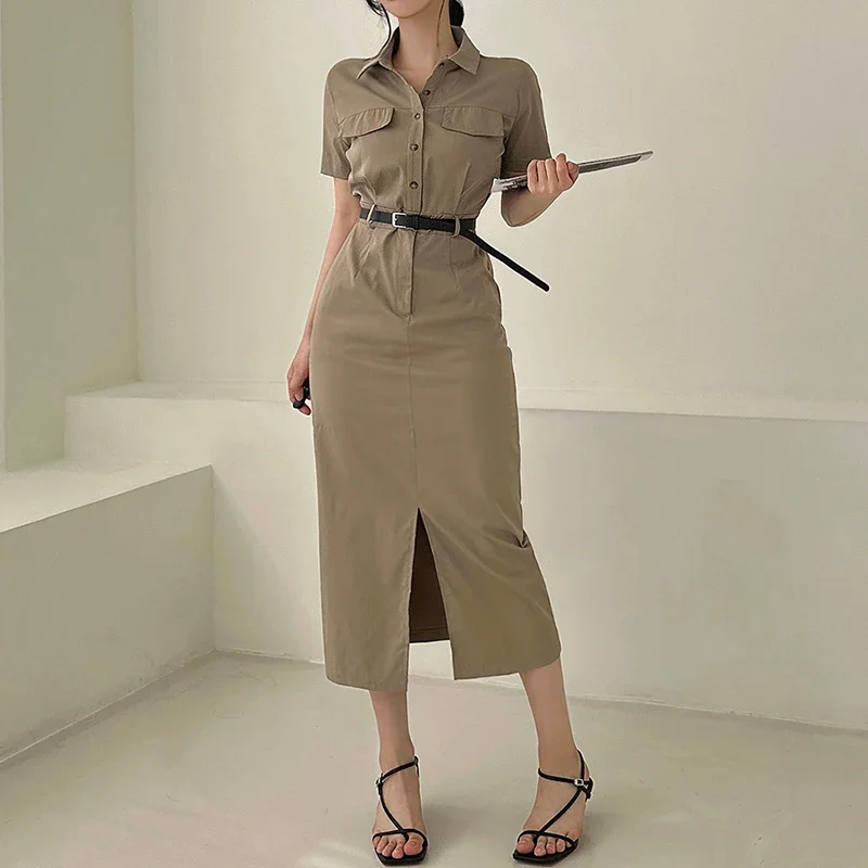 Vintage Temperament Shirt Dress Female 2024 Summer Lapel Fashion Bodycon Split Vestidos Safari Style Waist Slim Dress with Belt