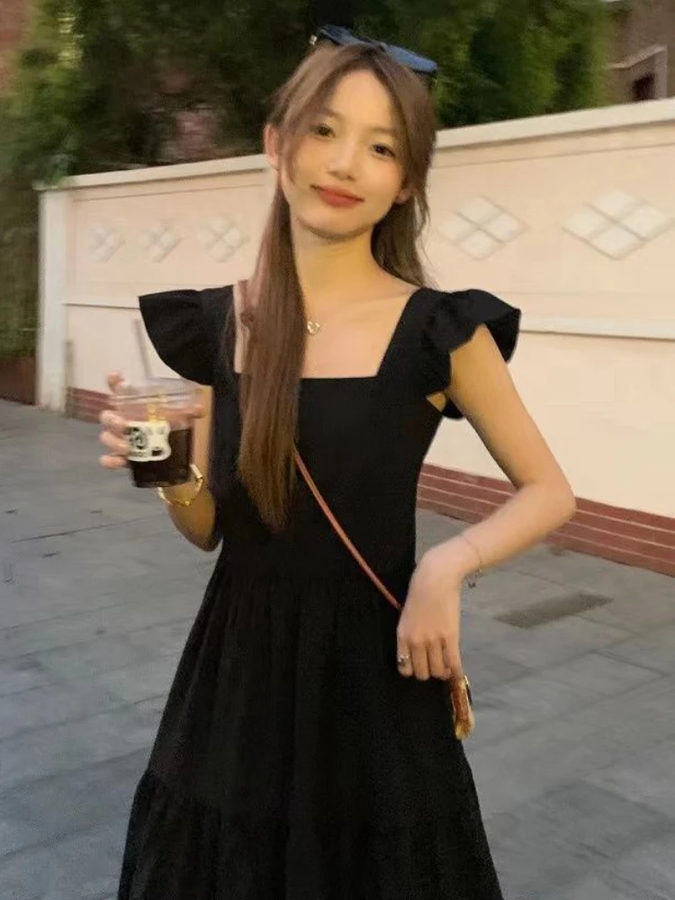 Black Square Collar Midi Dresses for Women Mori Girl Style Minimalist Chic Summer Fashion Flying Sleeve Temperament College Ins