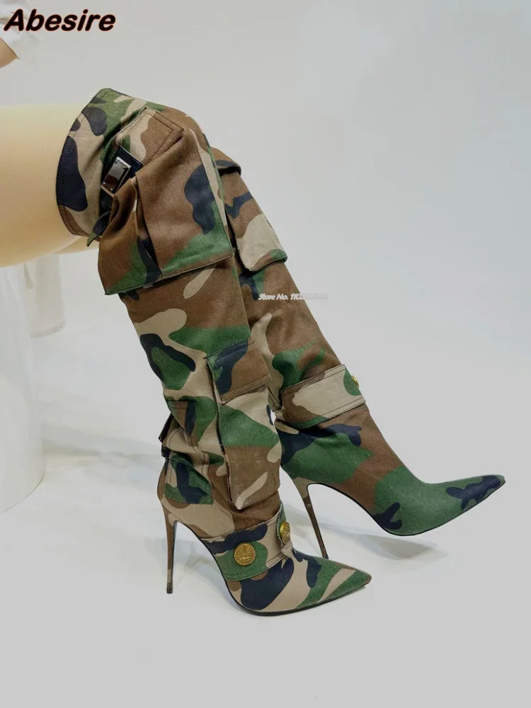 Camouflage Cloth Over-The-Knee High Boots Autumn And Winter Pointed Stiletto Pocket Button Decoration Boots Slim Women'S Boots