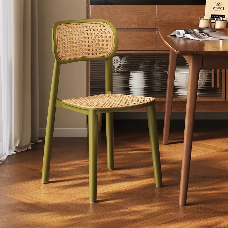 Vintage Rattan Dining Chair, Stackable Plastic Seat with Backrest, Hollow Woven Design, Breathable and Stable for  Café Use