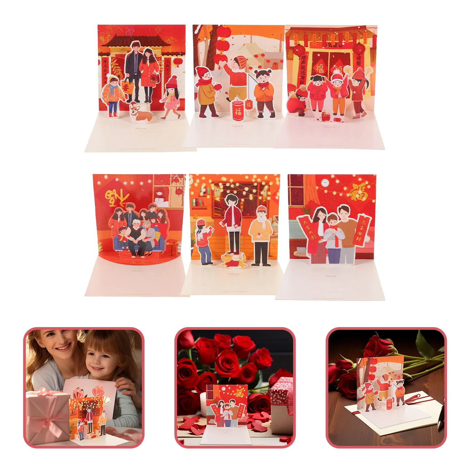 

6Pcs New Year Themed Greeting Cards Exquisite Paper Craft for Holiday Party Decoration Festive Wishes New Year Card