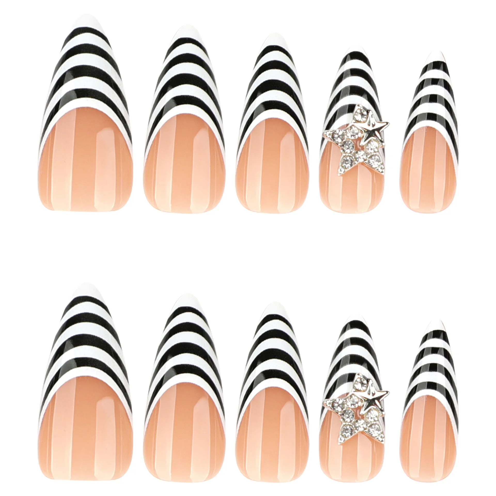 24 stuks zwart wit zebra strepen druk op nagels lange puntige Franse stijl pittige meisje kunstnagels Y2k metalen ster decor nep nagel