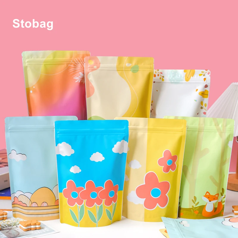 StoBag 10/100pcs Cartoon Food Packaging Ziplock Bag Stand Up Kids Girl Flower Cute Sealed Candy Snack Storage Reusable Pouches