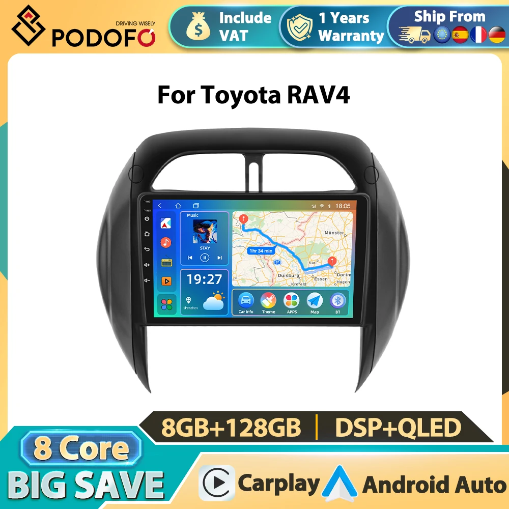 Sistemi intelligenti per auto Podofo 8+128G per Toyota RAV4 2003-2005, Carplay wireless, Android Auto, schermo intelligente per auto, lettore multimediale video, BT, FM, AM, RDS, GPS
