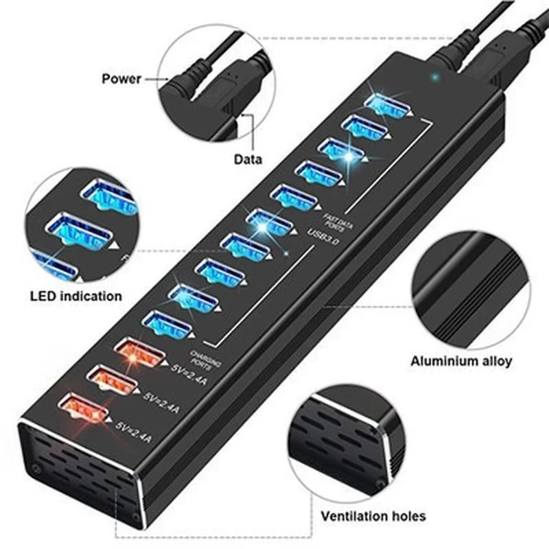 13 PORT USB Hub Multi Port 10 USB 3.0 Charging Ports + Power Adapter USB Cable Smart Charging Ports