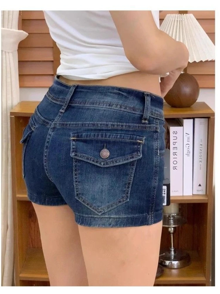Retro Lage Taille Diepblauwe Denim Shorts Vrouwen Zomer Sexy Alle Match Jean Shorts Broek Meisje Hot Vintage Streetwear Bodems 2025
