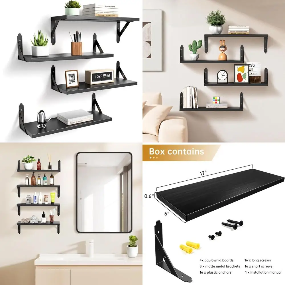 

Набор из 4 черных настенных полок в деревенском стиле, 17x6, плавающее хранилище для декора гостиной и спальни.