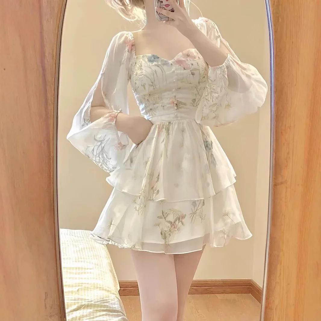 ウエストシェイプショートドレス レディース エレガントな雰囲気 フレンチスタイル 花柄シフォンサマードレス イレギュラーヘムライン フェアリースカート