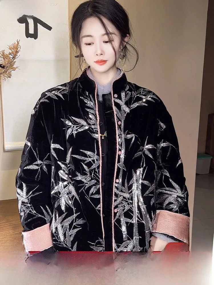 

New Chinese Sle Women's down Jaet Heavy Embroidery Bead 90 White Goose down Thiened Long Sve Stand Collar Coat