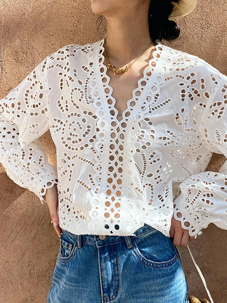 VGH White Holiday Style Blouses For Women V Neck Lantern Sleeve Patchwork Hollow Out Embroidery Shirt Female Fashion Clothes New