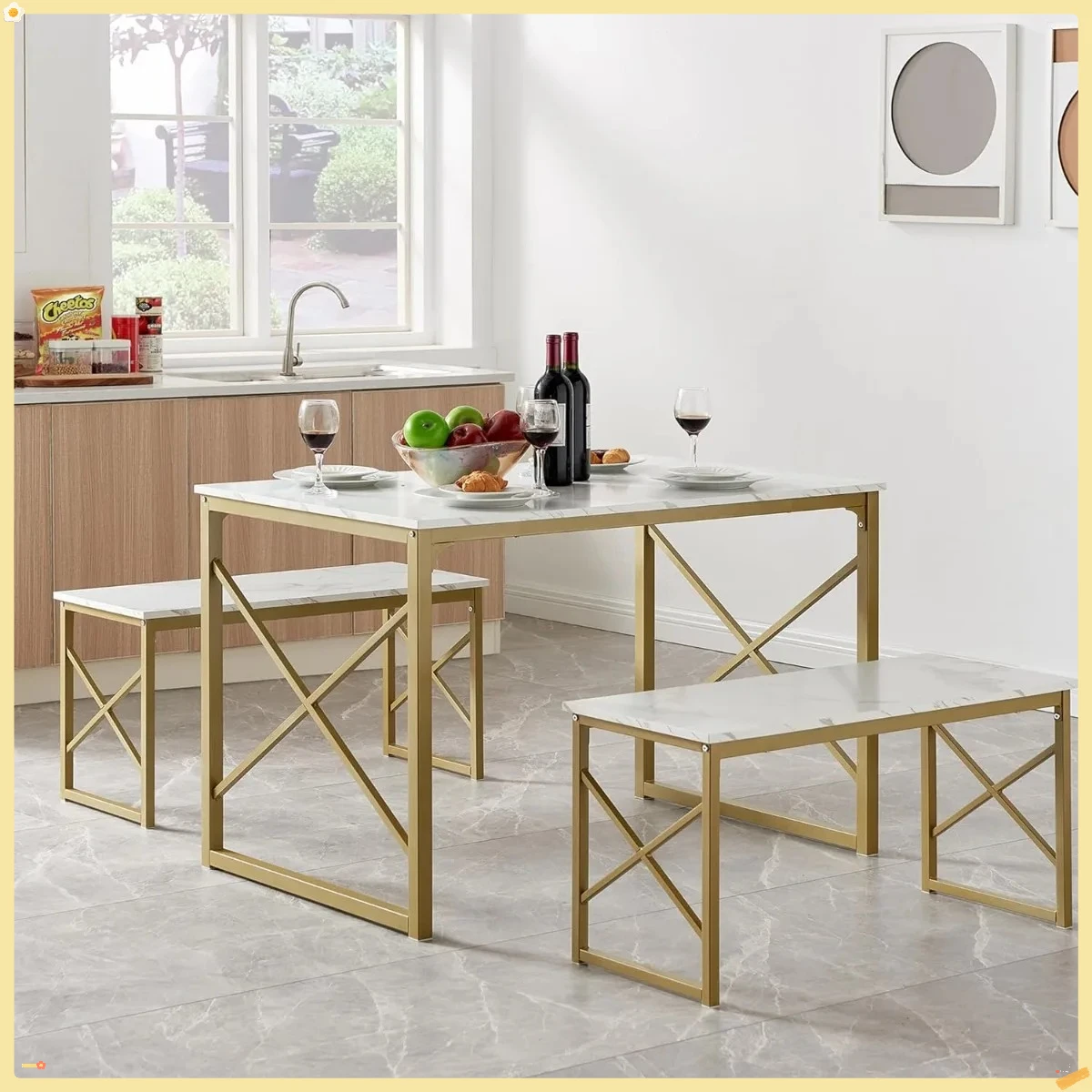 Set Meja Makan untuk 4 Orang, Meja Dapur dengan 2 Bangku Kayu dan Rangka Logam, Meja Makan Kompak untuk Sudut Sarapan atau Dapur