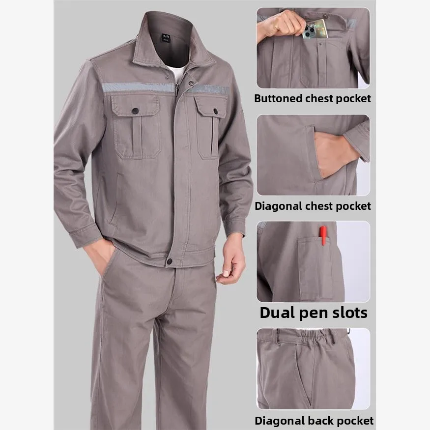 Conjunto de Roupa de Trabalho em Algodão Puro para Soldagem, Unissex, para Canteiro de Obras, com Detalhes Refletivos, Primavera