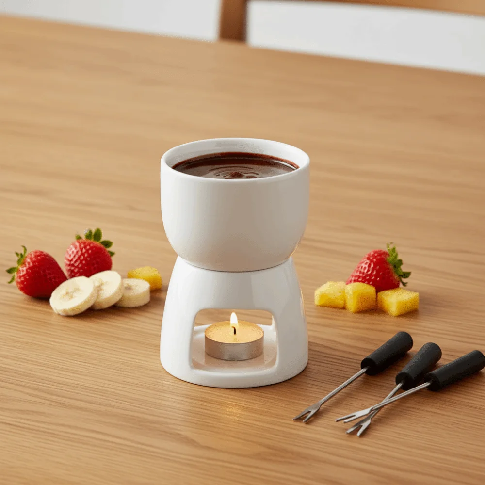 Ceramic Chocolate Cheese Fondue Cup Glazed Surface with Fork Chocolate Melting Mug Mini Removable Tea Light Candle Butter Warmer