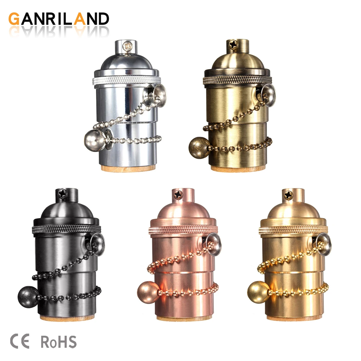 GANRILAND DIY E27 Lamp Base Zipper Retro Antique Brass Aluminum Lighting Screw Socket Industrial Lamp Holder With Chain Fitting