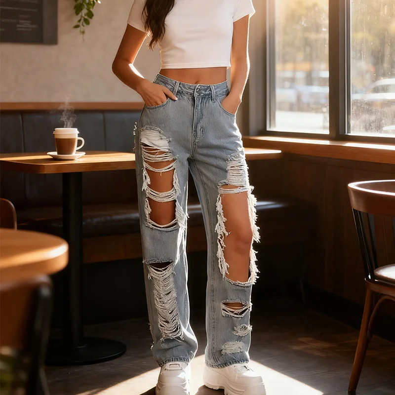 

2025 Autumn Women's Y2K Jeans American Retro Distressed Denim Pants Wasteland Style Ripped High Waist Wide Leg Design 0077