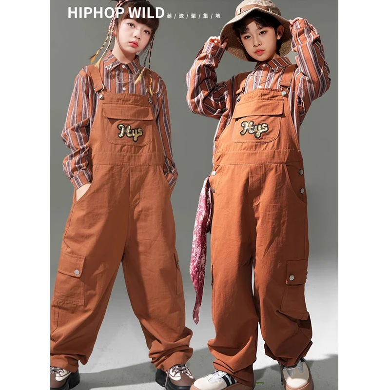 

Children Clothing Brown Shirts Loose Overall Pants Suit For Girls Jazz Dance Costumes Boys Hip Hop Performance Clothes DN16839