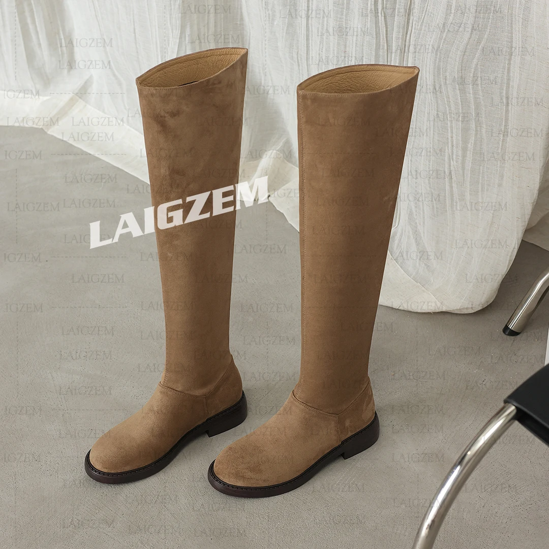 

BERZIMER Women Boots Faux Suede 3.5CM Low Heels Comfortable Slouch Boots Slip On Handmade Ladies Shoes Woman Big Size 35 38 40