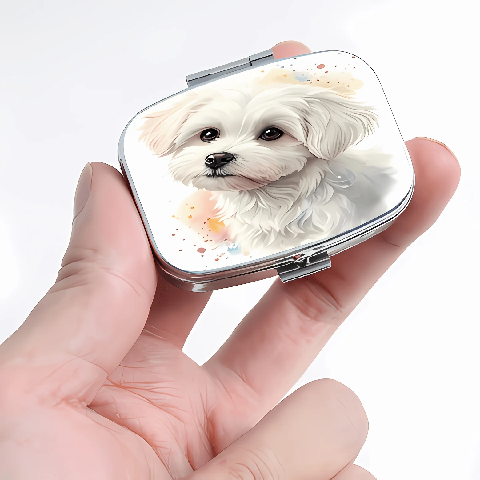 Compact Metal Square Pill Box, Portable Metal Pill Box with Cute White Puppy Print, Mini Vitamin Storage Box, Fun On-The-Go Container, Unique Gift Suitable for Wallets or Travel