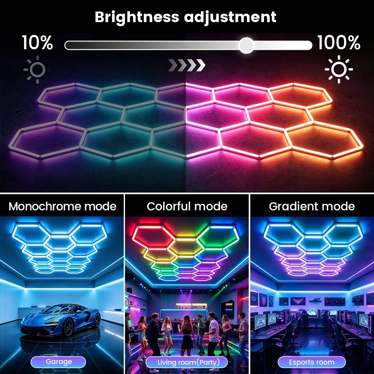 Smart hexagonal honeycomb RGB ambient tube light DIY modular splicing plug and play color lamp 85V-265V phone APP & remote control support timing shutdown music sync mode brightness and color adjustable, ideal for gaming room, auto garage, home party, liv