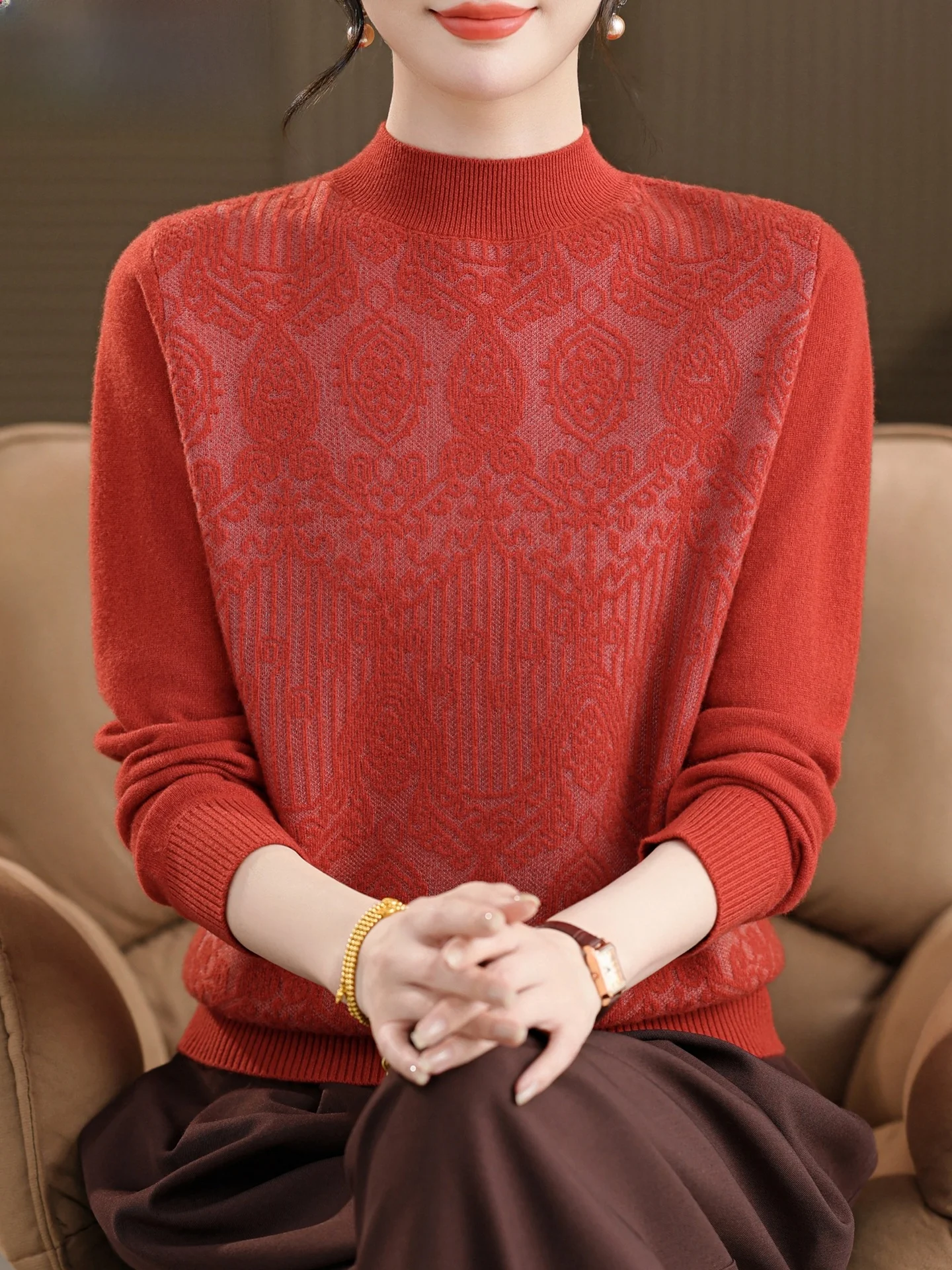 

Теплый вязаный шерстяной свитер для женщин среднего возраста, осенне-зимний, модный базовый топ из утолщенной шерсти, повседневный стиль