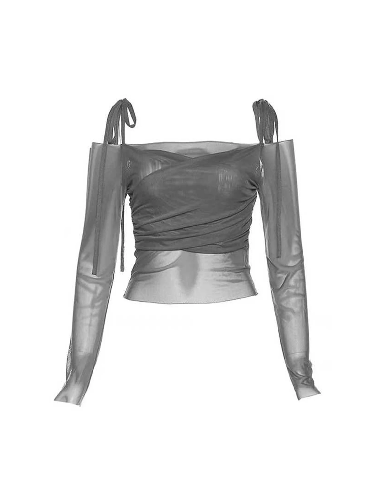 Women Grey Lace-up Gyaru T-shirt Harajuku Y2k Mesh Cropped Tee Top 90s Aesthetic Vintage Long Sleeve T-shirts 2000s Clothes 2025