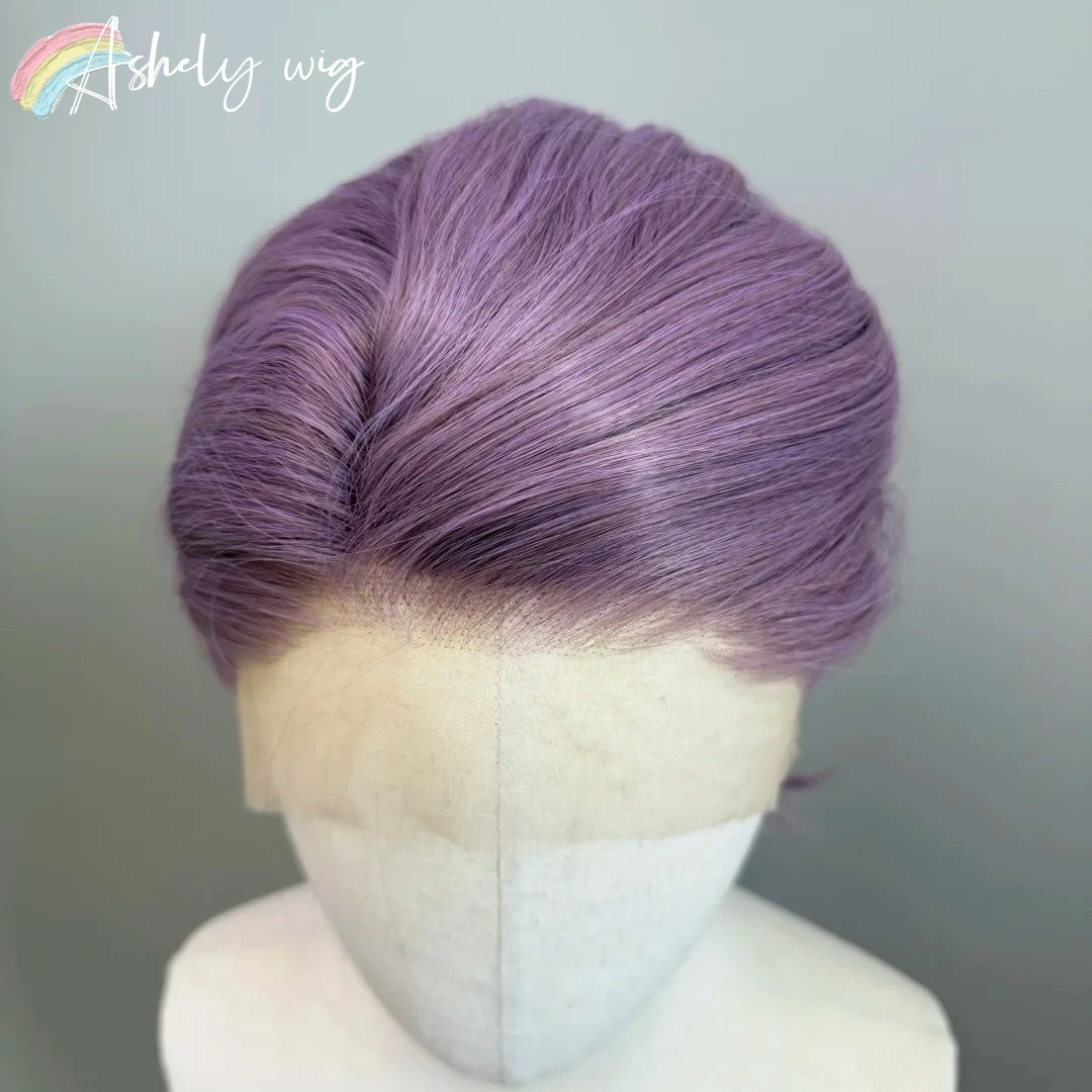 Purple Short Wig for Men 8inch Dark Purple Women Straight Glueless 13x4 HD Synthetic Lace Front Wig Natural Hairline for Coslay