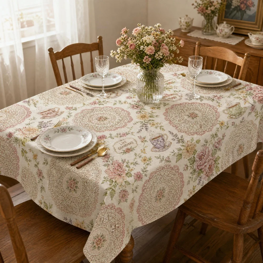 Vintage Grandma Style Floral Teacup Lace Doily Print Rectangle Tablecloth Cream Cottagecore Dining Table Cover Kitchen Decor