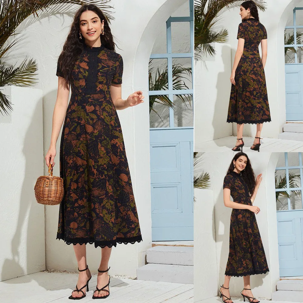 

Fashion Muslim Women Floral Printed Maxi Long Dress Autumn Elegant Short Sleeve Abaya Hijab Dress Dubai Islamic Clothing Evening