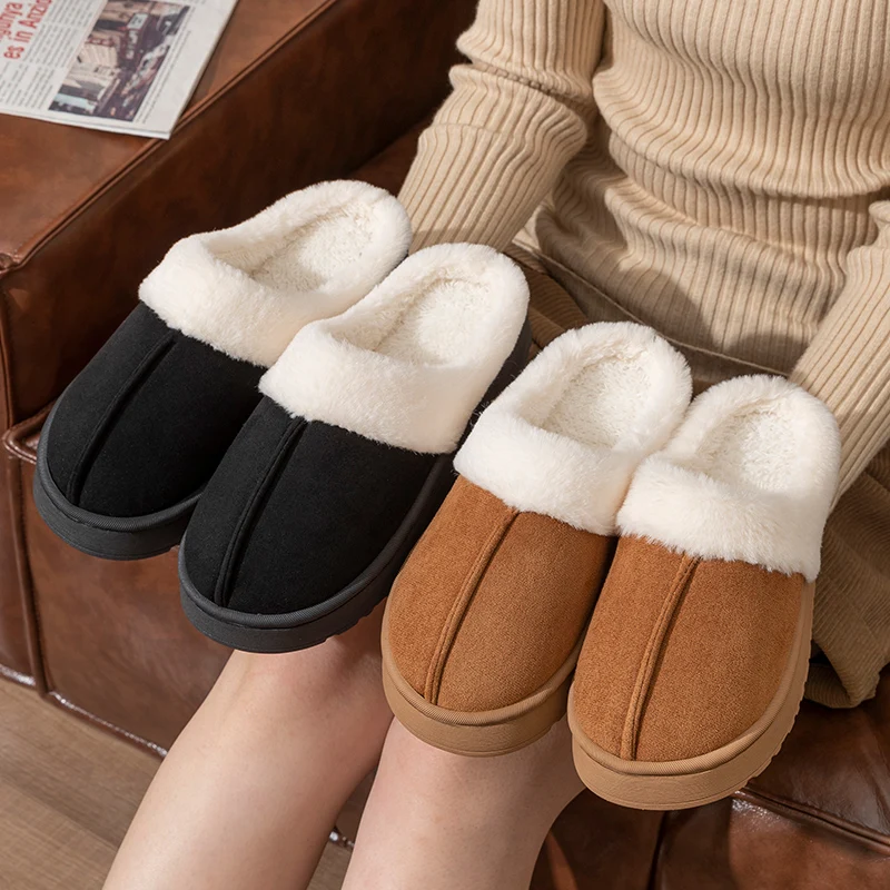 2024 New Fashion Winter Warm Closed-toe Fluffy Slippers For Women Cosy Non-slip Slides Indoor Ladies' Mule Home Cotton Shoes