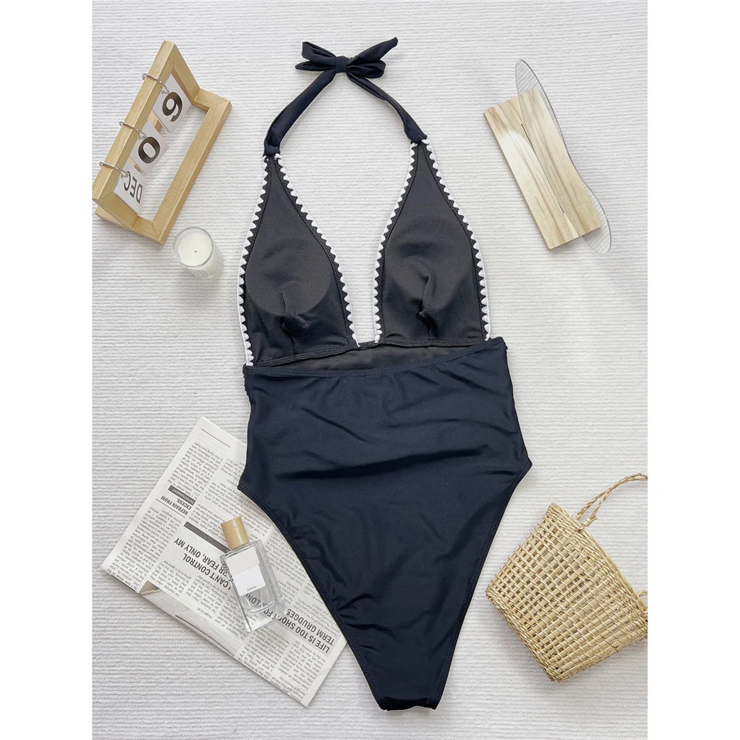 V-Ausschnitt, Neckholder, geraffter Damen-Badeanzug, einteiliger Badeanzug, Damen-Badeanzug mit hohem Beinausschnitt, rückenfreier Monokini-Badeanzug, Badeanzug, Badebekleidung, V5878 – Detail 9