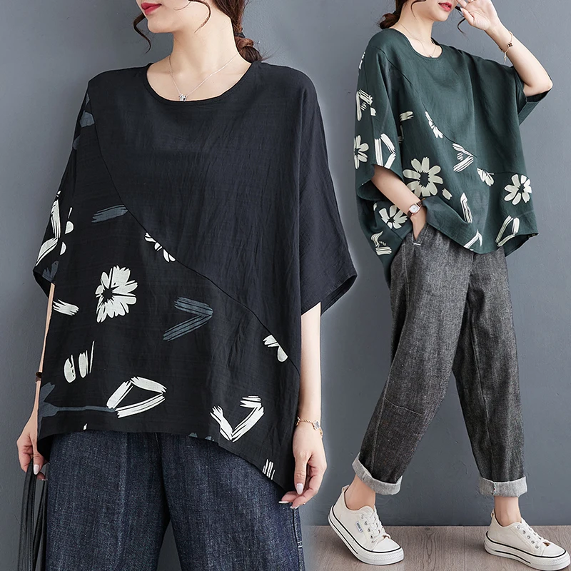 

Летняя свободная футболка большого размера с асимметричным сращиванием «летучая мышь» женская моющийся топ для похудения, скрывающий живот