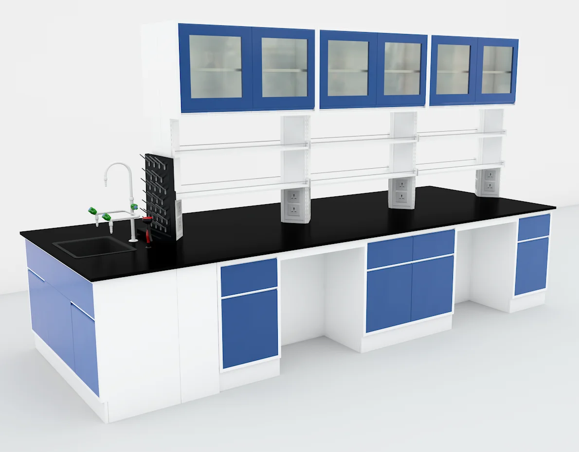 LB-FM-06 Floor Mounted Lab Bench With Reagent Shelves/Water Tap/Faucet/Wall Cupboard