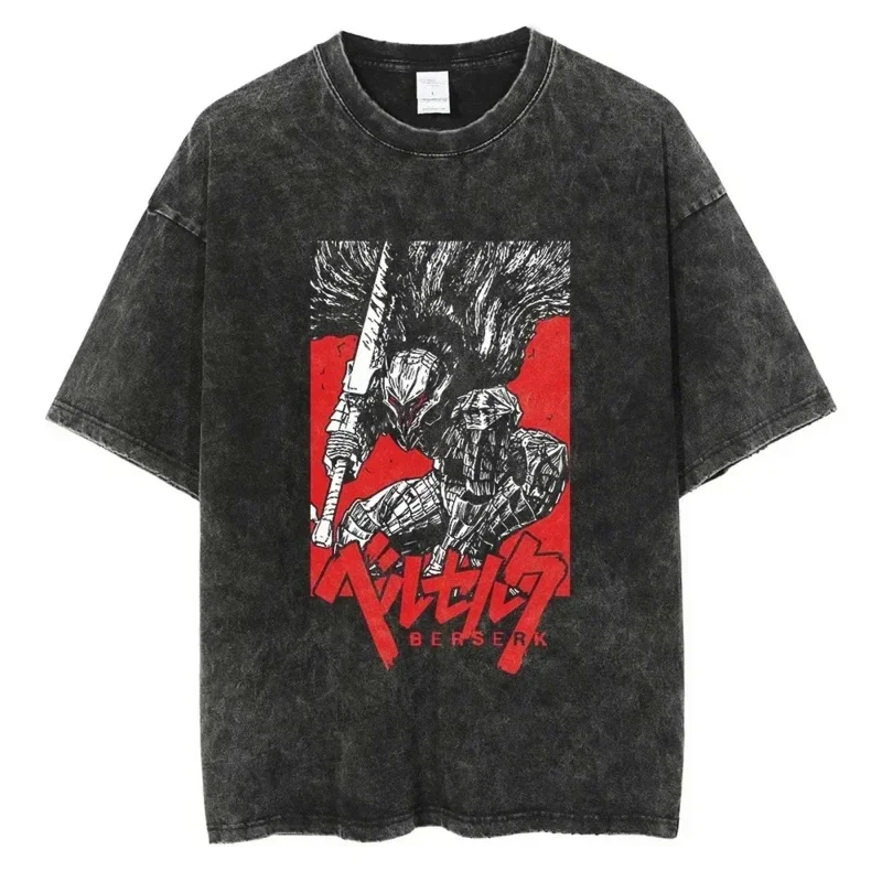 Berserk print t shirt men vintage washed t-shirt anime guts graphic tshirt hiphop streetwear tees summer casual berserk clothes