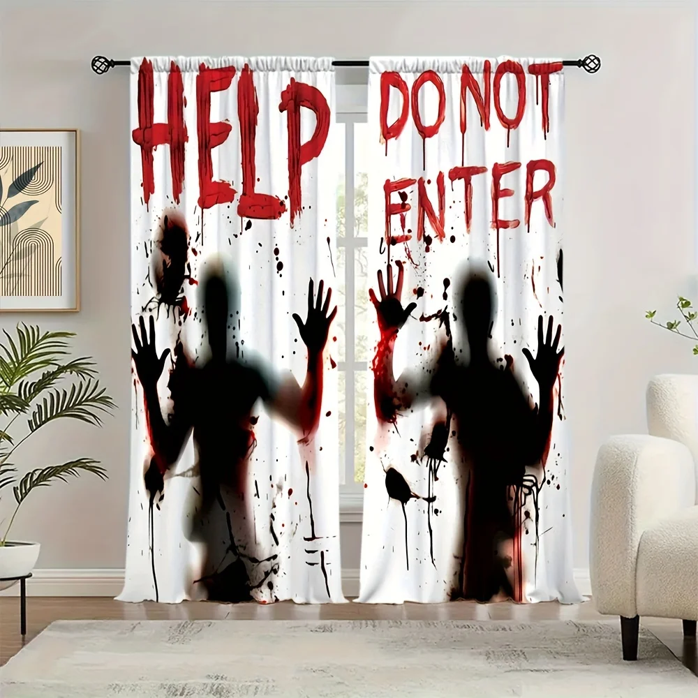 Spooky Halloween Help Do Not Enter Horror Curtains Window Treatment Gothic Scary Costume Decoration for Party Masquerade Home De