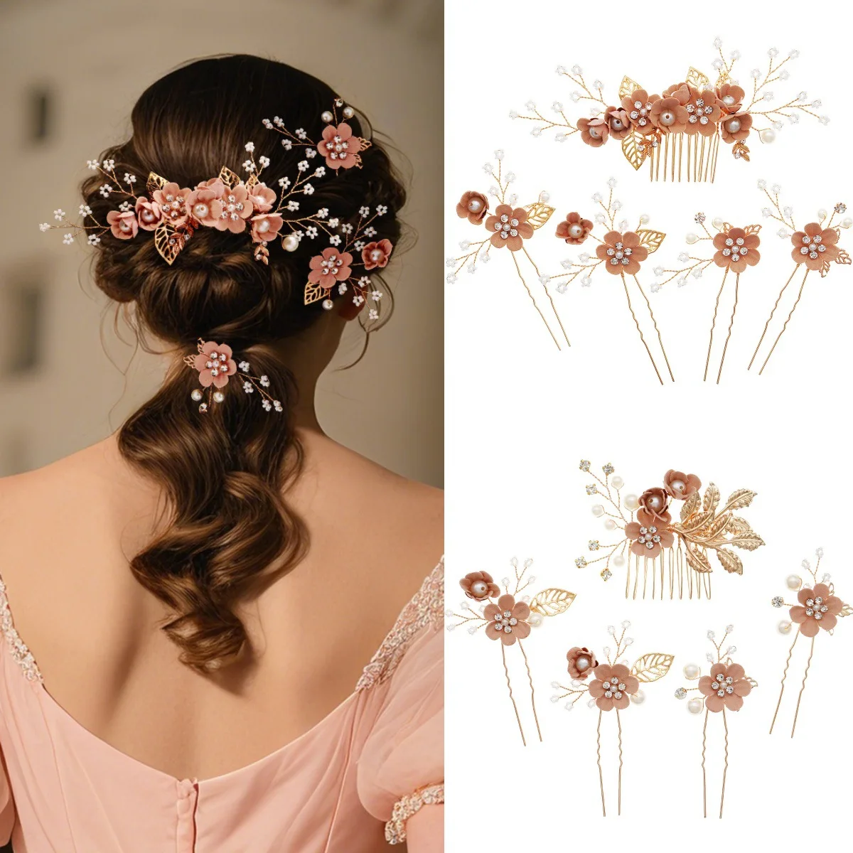 QYY Mori Sweet Flower Свадебный набор заколок для волос Красивая расческа для волос с розовым листом Свадебные украшения Шпилька с жемчугом ручной работы в подарок