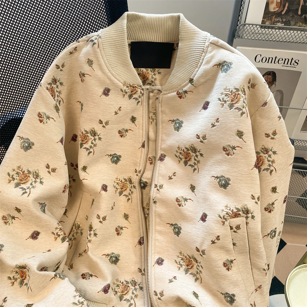 

American Retro Jacquard Floral Print Long Sleeve Bomber Jacket Loose Zipper O-neck Casual Outfit Tops Coat Female Outerwear